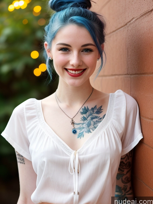 ai nude image of arafed woman with blue hair and tattoos standing against a brick wall pics of Woman 18 Blue Hair Hair Bun Fairer Skin Lipstick Tattoos Small Tits Small Ass Skinny Short Happy White Blouse