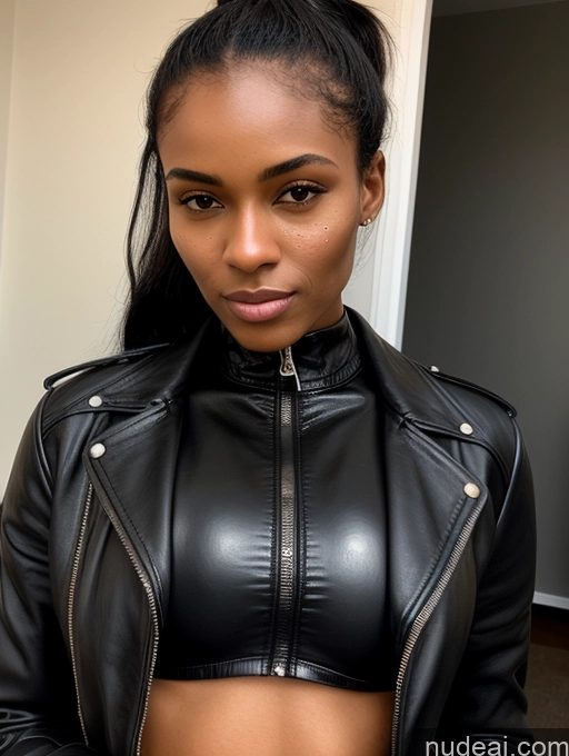 ai nude image of there is a woman in a black leather jacket posing for a picture pics of Woman Small Tits Skinny Close-up View African Cumshot Ponytail 18 Jacket Leather