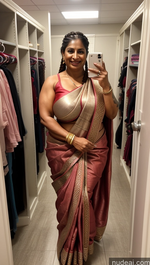 ai nude image of araffe woman in a sari taking a selfie in a closet pics of Milf Busty Huge Boobs Beautiful Tattoos Muscular Big Ass Big Hips Tall Sexy Face Braided Indian Front View Dark Skin T-pose Ginger 50s Dark Lighting Thick Happy Fat Sari Changing Room