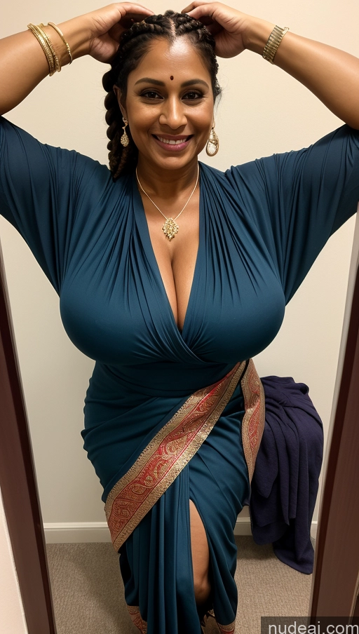 ai nude image of araffe woman in a blue dress posing for a picture pics of Milf Busty Huge Boobs Beautiful Tattoos Muscular Big Ass Big Hips Tall Sexy Face Braided Indian Front View Dark Skin T-pose Ginger 50s Dark Lighting Thick Happy Sari Changing Room Abs