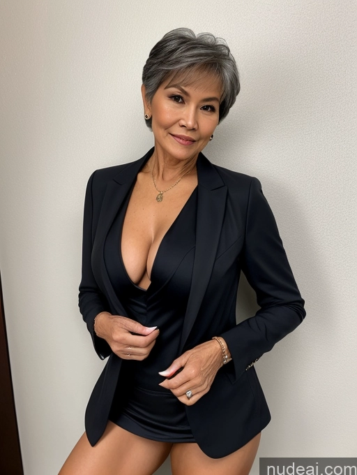 ai nude image of there is a woman in a black suit posing for a picture pics of Milf Perfect Body Perfect Boobs Pubic Hair Beautiful 70s Pixie Nude Blouse Casual Suit Shirt Stylish Professor Detailed Cleavage Dark Lighting Filipina