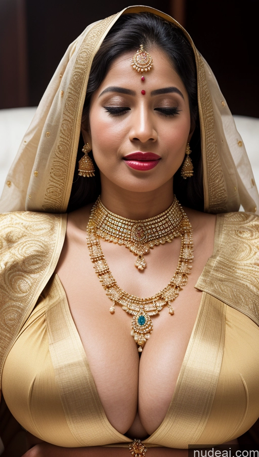 ai nude image of araffe woman in a gold sari with a green necklace and earrings pics of Woman Busty Huge Boobs Beautiful Lipstick Big Ass Fairer Skin 50s Orgasm Black Hair Long Hair Indian Skin Detail (beta) Traditional Jewelry Gold Jewelry Bright Lighting Detailed Thong Close-up View Sari