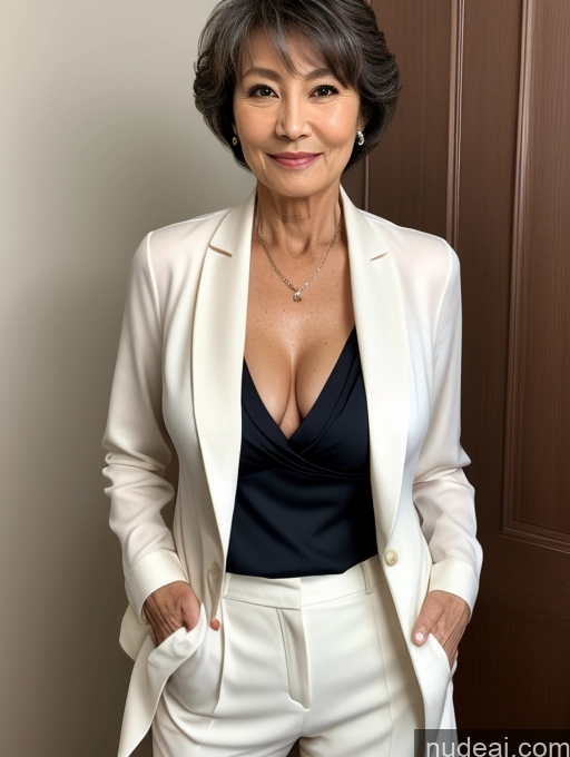 ai nude image of there is a woman in a white suit and black top pics of Milf Perfect Body Perfect Boobs Pubic Hair Beautiful 70s Pixie Nude Blouse Casual Suit Shirt Stylish Professor Detailed Cleavage Dark Lighting Japanese