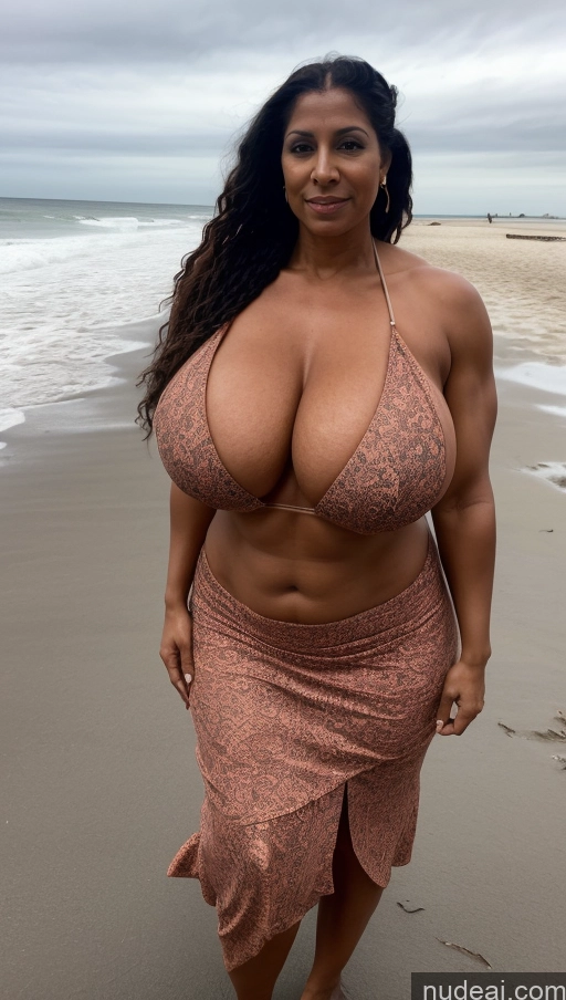 ai nude image of a woman in a bikini walking on a beach next to the ocean pics of Milf Busty Beautiful Tattoos Muscular Big Ass Big Hips Tall Sexy Face Front View Dark Skin T-pose 50s Thick Beach Huge Boobs Indian Braided Abs Bikini Dark Lighting Ginger Seductive Long Skirt Surrealist