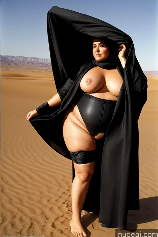 ai nude image of araffe woman in a black robe and black cape standing in the desert pics of Fat Sad Front View Nude Film Photo Woman Big Ass Big Hips One Thick 70s Bdsm Niqab Desert