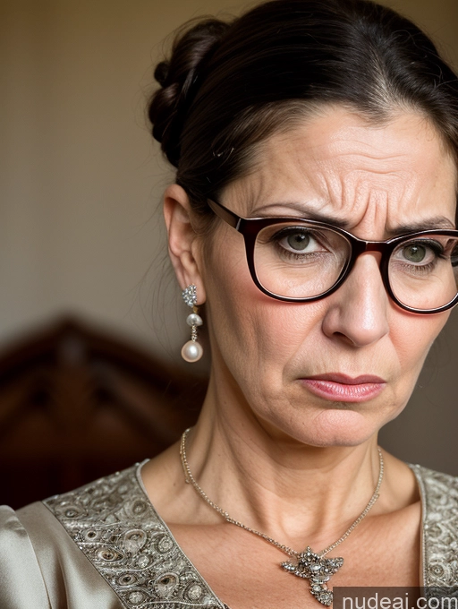 ai nude image of there is a woman with glasses and a necklace looking at something pics of Milf Busty Skinny Short Pregnant 50s Shocked Angry Sad Brunette Hair Bun Glasses Jewish Dress Medieval Traditional Pearl Jewelry Cleavage