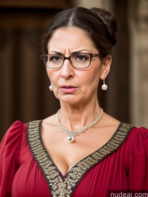 ai nude image of there is a woman wearing glasses and a red dress pics of Milf Busty Skinny Short Pregnant 50s Shocked Angry Sad Brunette Hair Bun Glasses Jewish Dress Medieval Traditional Pearl Jewelry Cleavage