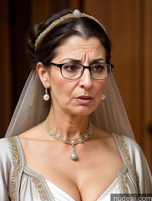 ai nude image of there is a woman wearing a wedding dress and a tiable pics of Milf Busty Skinny Short Pregnant 50s Shocked Angry Sad Brunette Hair Bun Glasses Jewish Dress Medieval Traditional Pearl Jewelry Cleavage