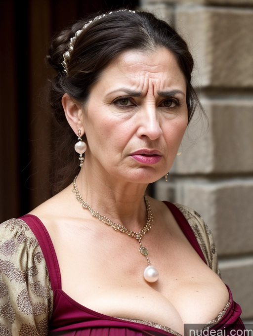 ai nude image of there is a woman in a dress with a necklace and pearls pics of Milf Busty Skinny Short Pregnant 50s Shocked Angry Sad Brunette Hair Bun Glasses Jewish Dress Medieval Traditional Pearl Jewelry Cleavage