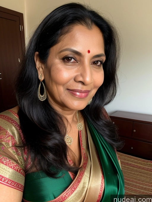 ai nude image of smiling woman in green sari sitting on a bed with a wooden dresser pics of Busty 50s Black Hair Long Hair Brazilian Bedroom Close-up View Sari Traditional Simple Milf