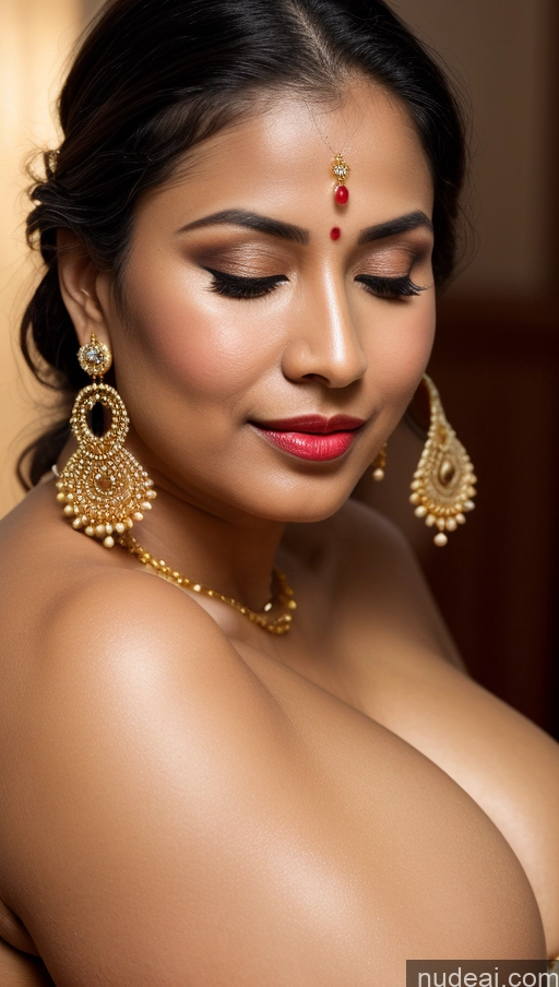 ai nude image of araffed woman with a big breast and gold jewelry pics of Woman Busty Huge Boobs Beautiful Lipstick Big Ass Fairer Skin 50s Orgasm Black Hair Long Hair Indian Skin Detail (beta) Traditional Jewelry Gold Jewelry Bright Lighting Detailed Thong Close-up View Sari