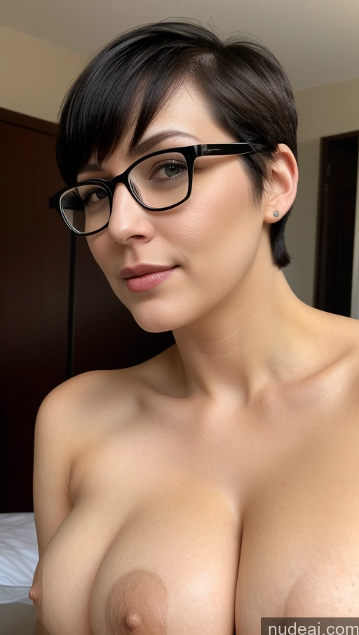 ai nude image of arafed woman with glasses and a big breast posing for a picture pics of One Fairer Skin 30s Short Hair Detailed Glasses Busty Perfect Boobs Simple Indian Woman Black Hair Close-up View Beautiful