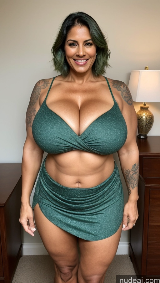 ai nude image of a close up of a woman in a green bikini posing for a picture pics of Milf Busty Beautiful Tattoos Muscular Big Ass Abs Big Hips Tall Dark Skin Straight Indian Bedroom Front View T-pose Sexy Face Long Skirt Topless Happy 50s Huge Boobs Thick Green Hair