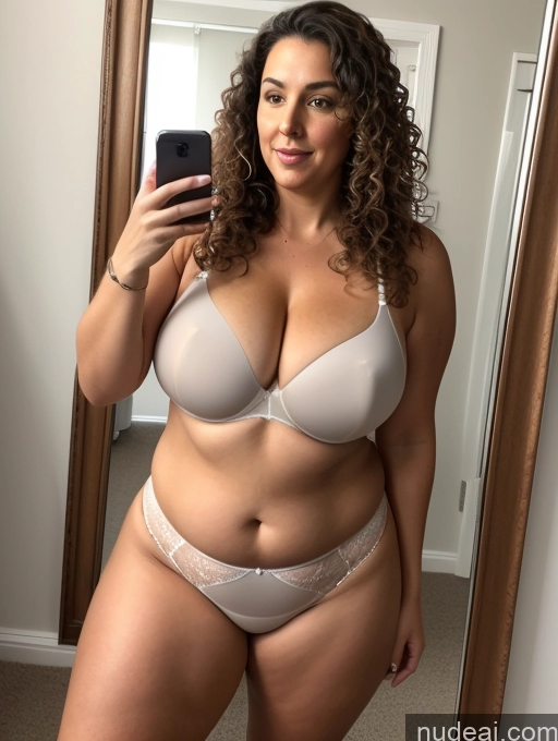 ai nude image of araffe woman in a bra and panties taking a selfie in a mirror pics of One Huge Boobs Big Ass Chubby Pubic Hair 50s Brunette Curly Hair Spanish Mirror Selfie Front View Spreading Legs Bra Transparent