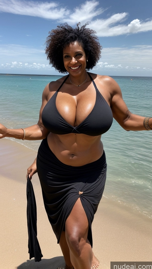 ai nude image of arafed woman in a black bikini and black skirt on a beach pics of Milf Busty Beautiful Tattoos Muscular Big Ass Big Hips Tall Dark Skin 50s Sexy Face Indian Front View T-pose Beach Huge Boobs Laughing Long Hair Tribal Thick Abs Long Skirt Black Hair