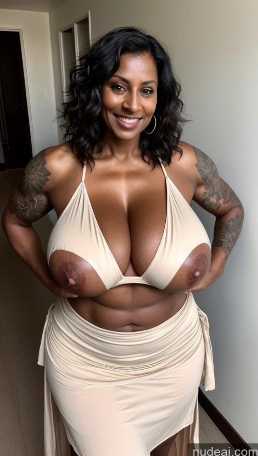 ai nude image of arafed woman in a tan dress posing for a picture pics of Milf Busty Beautiful Tattoos Muscular Big Ass Big Hips Tall Dark Skin 50s Sexy Face Indian Front View T-pose Beach Huge Boobs Laughing Tribal Thick Abs Long Skirt Black Hair Straight