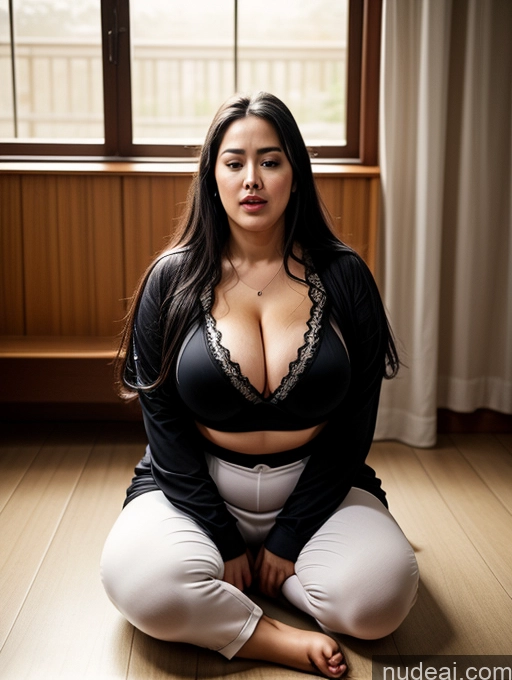 ai nude image of araffe woman in black top and white pants sitting on the floor pics of Woman Busty Big Ass Thick Chubby Big Hips Fairer Skin 30s Orgasm Laughing Seductive Sexy Face Serious Egyptian Slicked Black Hair Detailed Simple SplitSitting Fat High Heels Harem Pants