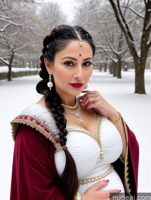 ai nude image of pregnant woman in a white dress and red cape posing for a picture pics of Busty Skinny Short Pregnant Shocked Sad Black Hair Braided Indian Dress Medieval Traditional Pearl Jewelry Milf Lipstick 50s Snow