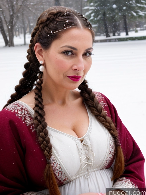 ai nude image of araffe woman with long braids in a white dress and red coat pics of Busty Skinny Short Pregnant Shocked Sad Braided Dress Medieval Traditional Pearl Jewelry Milf Lipstick 50s Snow Dark Skin Jewish Ginger