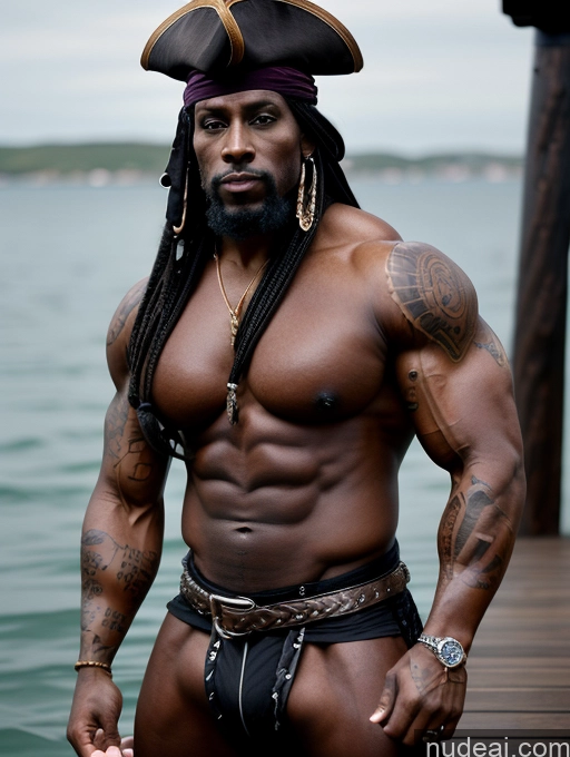 ai nude image of there is a man with a pirate hat and a beard pics of Bodybuilder Tattoos Muscular Abs Thick Dark Skin 70s Braided Black Goth Pirate Huge Boobs