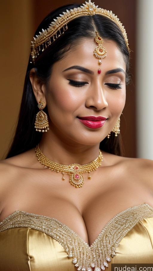 ai nude image of araffe woman in a gold dress with a gold necklace and earrings pics of Woman Busty Huge Boobs Beautiful Lipstick Big Ass Fairer Skin 50s Orgasm Black Hair Long Hair Indian Skin Detail (beta) Traditional Jewelry Gold Jewelry Bright Lighting Detailed Thong Sari Close-up View