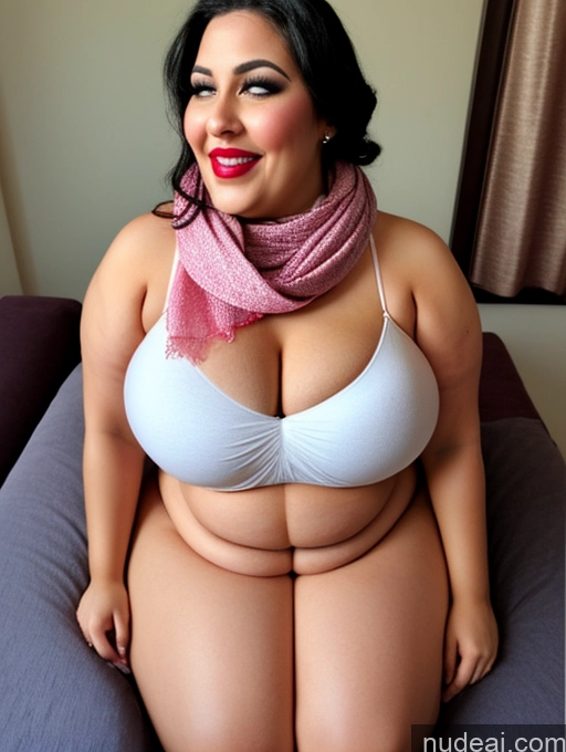 ai nude image of araffe woman in a white bra top and pink scarf sitting on a bed pics of Woman One Busty Beautiful Lipstick Big Ass Thick Chubby Fat Big Hips Fairer Skin Last 30s Happy Orgasm Seductive Sexy Face Black Hair Slicked Egyptian Scarf Detailed Simple