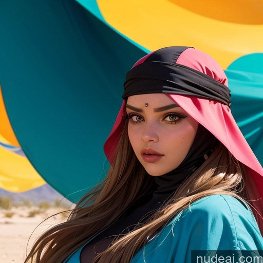 ai nude image of there is a woman that is standing under a colorful umbrella pics of Woman One Front View Long Hair Illustration 20s Tanned Skin Chubby Arabic Black Hair Niqab Desert Small Tits Beautiful Thick Fat Tall Serious