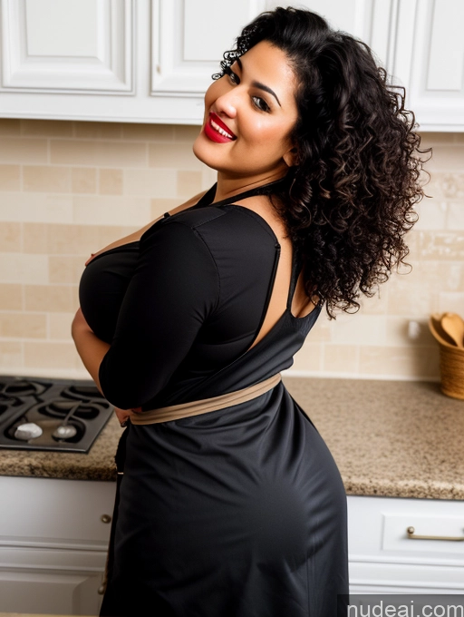 ai nude image of there is a woman standing in a kitchen with a black dress pics of Woman Busty Lipstick Beautiful Big Ass Thick Chubby Fat Big Hips 30s Orgasm Laughing Seductive Sexy Face Black Hair Curly Hair Egyptian Kitchen Cooking Apron Detailed Simple Back View