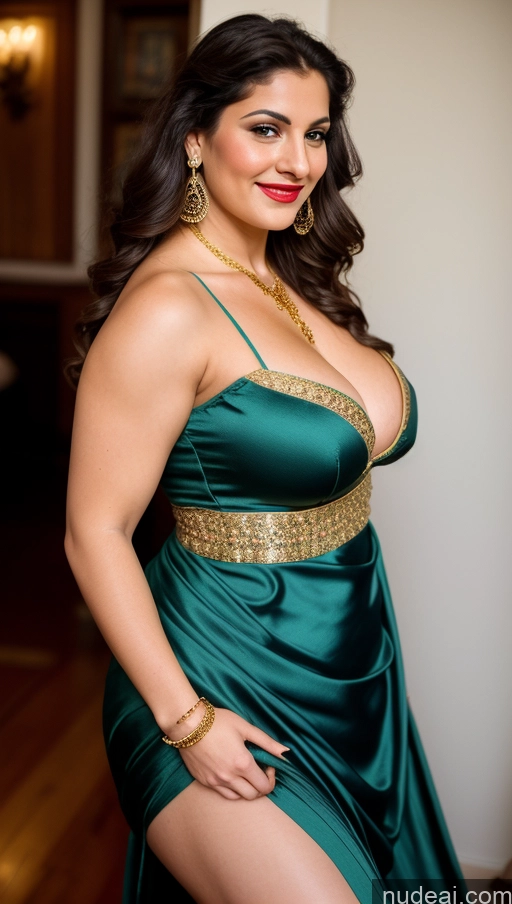 ai nude image of araffe woman in a green dress posing for a picture pics of Bodybuilder Busty Beautiful Thick Chubby Fat Big Hips 20s Happy Seductive Brunette Long Hair Russian Party Front View Straddling Sari Blouse Dirndl Victorian Cleavage Gold Jewelry Fairer Skin Tattoos Lipstick