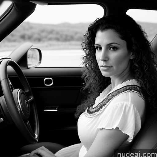 ai nude image of arafed woman sitting in a car with a steering wheel pics of Small Tits 40s Serious Brunette Curly Hair White Black And White Car Front View Blouse