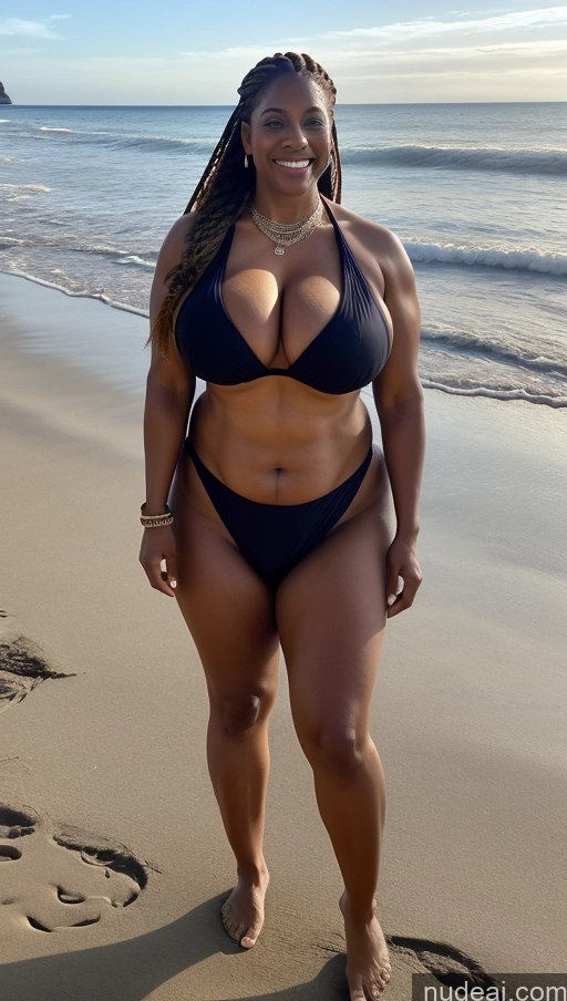 ai nude image of arafed woman in a black bikini standing on a beach pics of Milf Busty Huge Boobs Beautiful Tattoos Muscular Big Ass Thick Fat Big Hips Tall Dark Skin 50s Laughing Ginger Braided Indian Beach Front View T-pose Bikini Long Skirt Dark Lighting Sexy Face