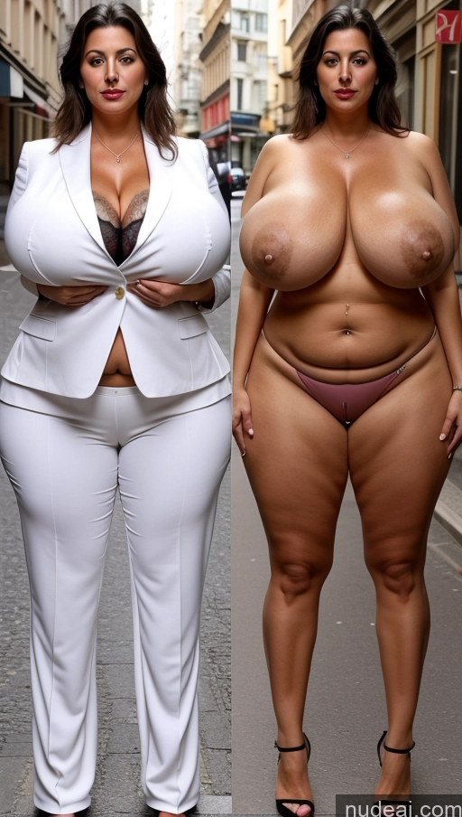 ai nude image of two women in white suits and black heels standing on a street pics of Milf Busty Huge Boobs Beautiful Lipstick Big Ass Skinny Abs Thick Big Hips Long Legs Pubic Hair Black Hair Long Hair Turkish Suit Panties Onoff Street 70s