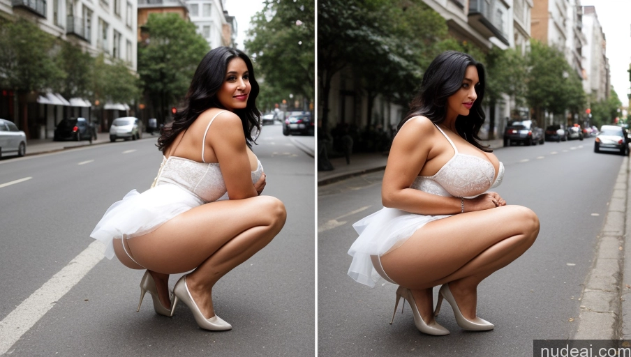 ai nude image of there is a woman kneeling down on the street in a white dress pics of Milf Busty Huge Boobs Beautiful Lipstick Big Ass Skinny Abs Thick Big Hips Long Legs Pubic Hair Long Hair Black Hair Turkish 70s Wedding Street Several Front View Squatting