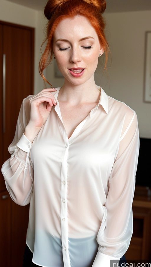 ai nude image of there is a woman that is putting on a shirt in a room pics of Woman One Fairer Skin 30s Orgasm Ginger Hair Bun Blouse Transparent