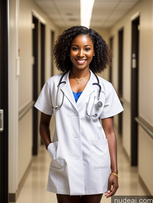 ai nude image of arafed woman in a white lab coat and blue top standing in a hallway pics of Woman One Happy Front View Detailed African Busty Beautiful Big Ass Skinny Long Legs Perfect Body 18 Brunette Curly Hair Jewelry Doctor Hospital