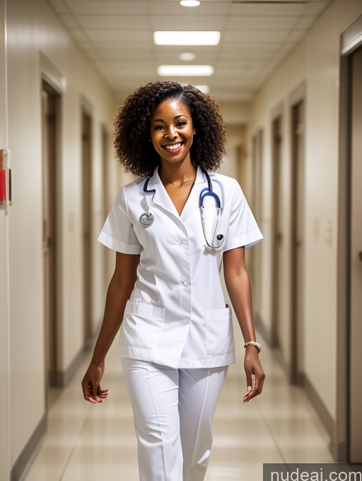 ai nude image of arafed woman in white scrub suit walking down a hallway pics of Woman One Happy Front View Detailed African Beautiful Skinny Long Legs Perfect Body Brunette Curly Hair Jewelry Doctor Hospital Busty Big Ass 30s