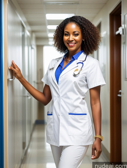 ai nude image of arafed woman in a white coat and blue shirt standing in a hallway pics of Woman One Happy Front View Detailed African Beautiful Skinny Long Legs Perfect Body Brunette Curly Hair Jewelry Doctor Hospital Busty Big Ass 40s