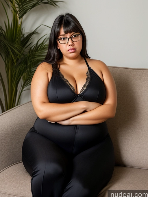 ai nude image of there is a woman sitting on a couch with her arms crossed pics of Woman One Busty Big Ass Front View Detailed Glasses Fat 18 Black Hair Bangs Italian Couch Jumpsuit Sad