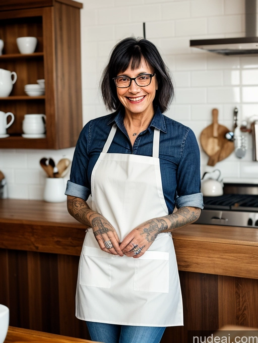 ai nude image of smiling woman in apron standing in kitchen with wooden counter top pics of Woman One Front View Detailed Italian Tattoos Cafe Apron Chemise Jeans Happy Skinny 70s Small Tits Small Ass Bangs Black Hair Glasses