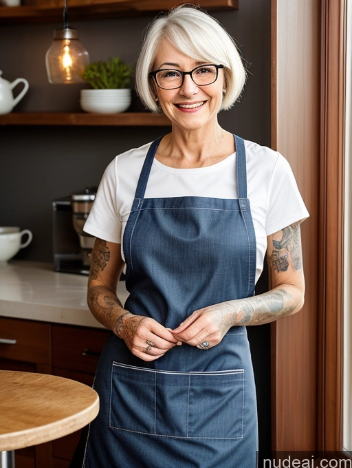 ai nude image of smiling woman in blue apron standing in kitchen with wooden table pics of Woman One Front View Detailed Italian Tattoos Cafe Apron Chemise Jeans Happy Skinny Small Tits Small Ass Glasses 80s Short Hair White Hair