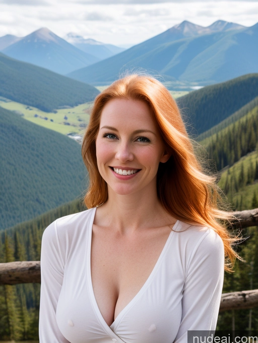 ai nude image of smiling woman with red hair and white top standing in front of a mountain pics of Model One 40s Happy Long Hair Mountains Front View Jeans Fairer Skin Perfect Boobs Ginger Small Tits Russian Shirt