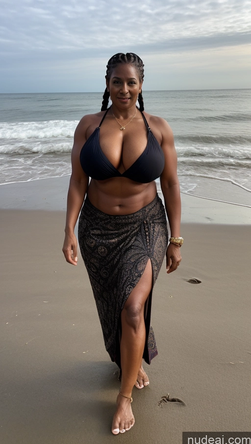 ai nude image of there is a woman walking on the beach in a bikini pics of Milf Busty Beautiful Tattoos Big Ass Big Hips Tall Dark Skin Beach T-pose Sexy Face Indian Braided Dark Lighting Abs Ginger Muscular Seductive Huge Boobs Thick Long Skirt Front View 60s