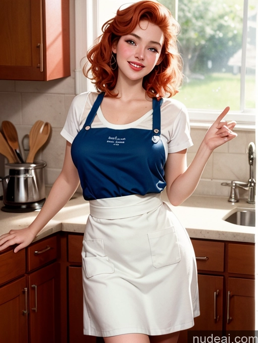 ai nude image of there is a woman in a blue apron posing in a kitchen pics of Busty Big Ass Big Hips Fairer Skin 18 Ginger Irish Vintage 70s Apron Happy