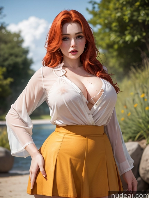 ai nude image of there is a woman with red hair posing for a picture pics of Busty Big Hips Thick Fairer Skin Sexy Face Ginger Irish Blouse Mini Skirt