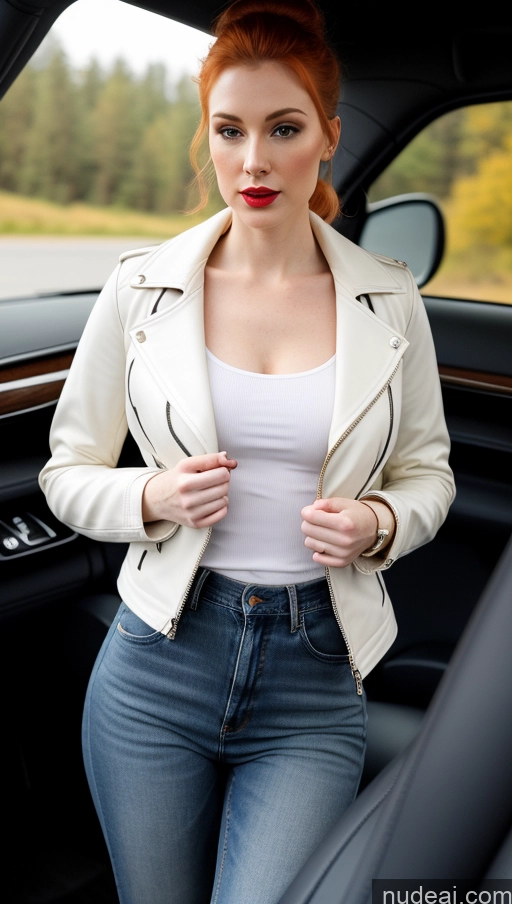 ai nude image of arafed woman in a white jacket and jeans sitting in a car pics of 30s One Fairer Skin Small Tits Ginger Soft + Warm Seductive Lipstick Hair Bun Car High Heels Leather Casual Jeans Jacket