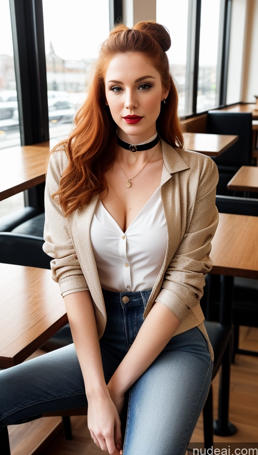 ai nude image of arafed woman sitting on a table in a restaurant with a white shirt and a tan jacket pics of 30s One Fairer Skin Small Tits Ginger Soft + Warm Seductive Lipstick Hair Bun High Heels Casual Jeans Jacket Cafe Choker Blouse Boots