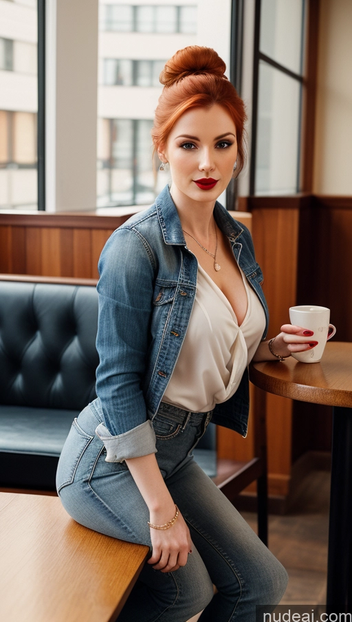 ai nude image of there is a woman sitting at a table with a cup of coffee pics of 30s One Fairer Skin Small Tits Ginger Soft + Warm Seductive Lipstick Hair Bun High Heels Casual Jeans Jacket Cafe Blouse Boots Bending Over