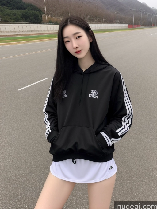 ai nude image of a woman in a black and white hoodie standing on a street pics of Skinny Beautiful Fairer Skin 18 Black Hair Long Hair Korean Spreading Legs Sports No Panties?