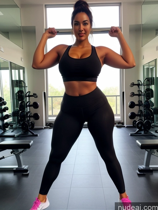 ai nude image of arafed woman in a black sports bra top and black leggings flexing her muscles pics of Model One Perfect Boobs Beautiful Big Ass Chubby Long Legs Perfect Body Seductive Sexy Face Black Hair Ponytail Indian Abs Shirt Tank Top Yoga Pants Gym Spreading Legs