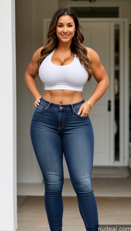 ai nude image of a woman in a white top and jeans posing for a picture pics of Athlete Perfect Boobs Big Hips Big Ass Jeans